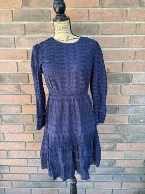 J.Crew Navy Long Sleeve Embroidered Eyelet Midi Dress Size 2
